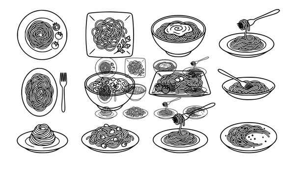 Spaghetti plate with tomato sauce and herbs black outline vector illustration set
