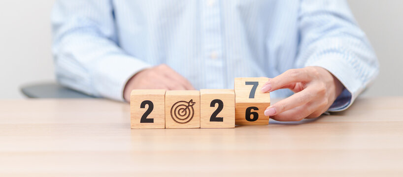  2027 year block with dartboard icon. Goal, Target, Resolution, strategy, plan, Action, mission, motivation, and New Year start concepts