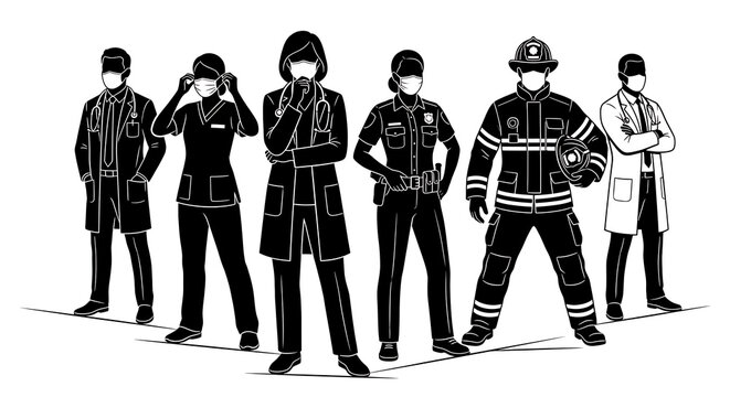 Frontline Essential Workers wearing Face Masks Vector Illustration