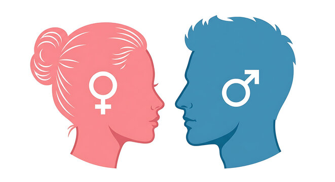 Man and Woman Profiles with Gender Symbols Vector Illustration