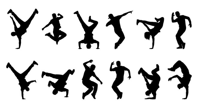 Breakdancer and Hip Hop Dancers Silhouettes Set Vector Illustration