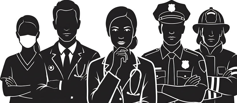Diverse Essential Workers and Professionals Silhouettes Vector Illustration