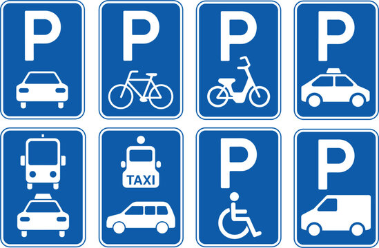 Various parking signs with vehicle icons on blue background for different transport types