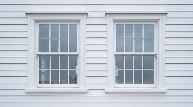 Two identical white double hung sash windows with multiple panes on a white clapboard wall, architectural detail, home exterior facade.