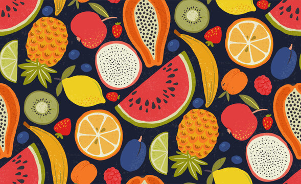 Seamless pattern with abstract fruits in primitive style and vintage texture. Trendy aesthetic farmer market hand drawn vector endless background. Fresh, vibrant, vegetarian organic wallpaper.