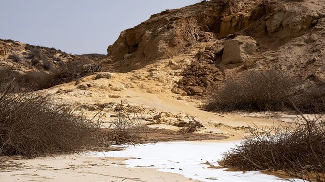 Muddy slurry flowing down hillside with viscous natural patterns, daylight landscape for outdoor ads or eco-backgrounds
