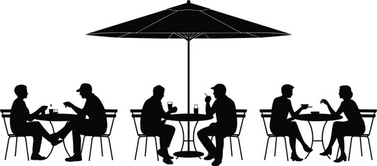 Fototapeta premium Silhouettes of people dining outdoors under an umbrella on a patio during daytime