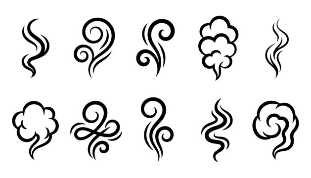 Set of steam, smoke, and cloud icons vector collection of wavy lines, swirls, and vapor shapes for food, coffee, or aroma design elements