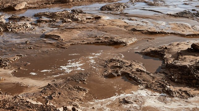 Muddy slurry flowing down hillside with viscous natural patterns, daylight landscape for outdoor ads or eco-backgrounds