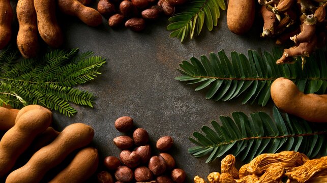 A commercial composition featuring tamarind fruit arranged around the frame borders while maintaining a clean center for branding
