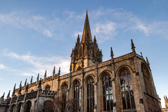 Exterior detail of the Gothic spire and carved facade of University Church of St Mary the Virgin Oxford