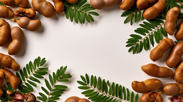 A commercial composition featuring tamarind fruit arranged around the frame borders while maintaining a clean center for branding