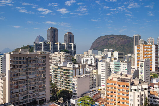 High angle cityscape of Botafogo neighbourhood with Sugarloaf Mountain in Rio de Janeiro Brazil