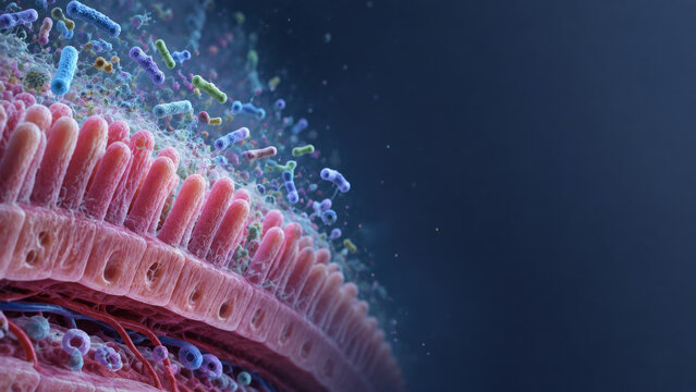 Intestinal villi with bacteria, 3d illustration of human gut microbiome. Microscopic view of digestive system lining with microbes. Gastrointestinal health and disease concept.