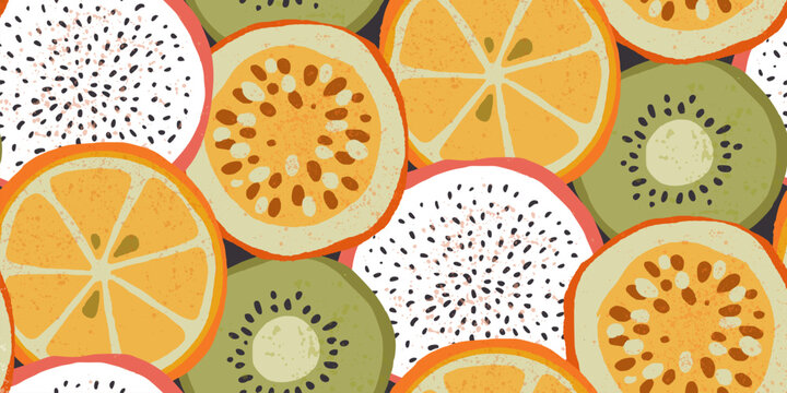 Seamless pattern with abstract fruits in primitive style and vintage texture. Trendy aesthetic farmer market hand drawn vector endless background. Fresh, vibrant, vegetarian organic wallpaper.