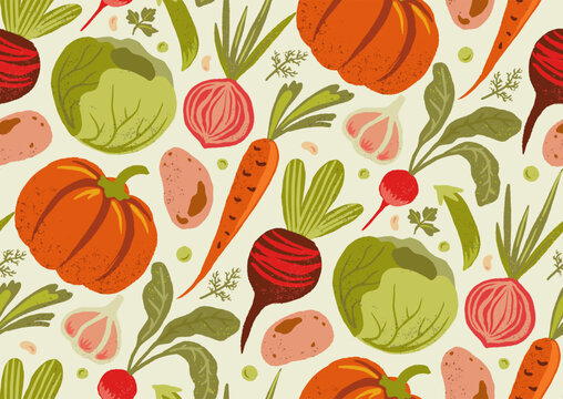 Seamless pattern with abstract vegetables on blue grid. Trendy aesthetic farmer market background. Hand drawn vector illustration. Fresh, vibrant, vegetarian organic wallpaper