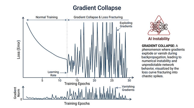 Gradient collapse training loss curve diagram showing normal training transition to loss fracturing with exploding and vanishing gradients over epochs for AI study.