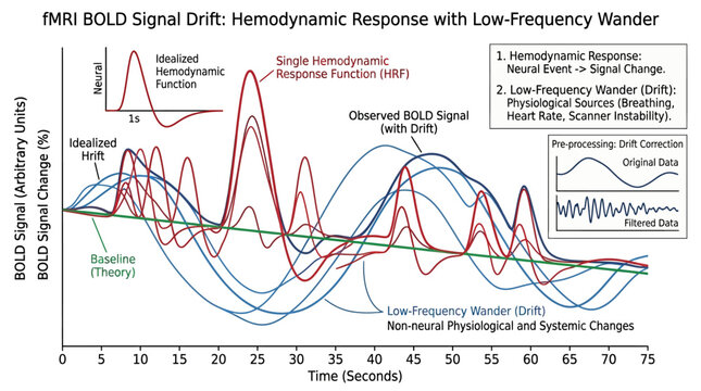fMRI BOLD signal drift graph depicting hemodynamic response function curves with low frequency wander and noise correction methods for neuroimaging research analysis.
