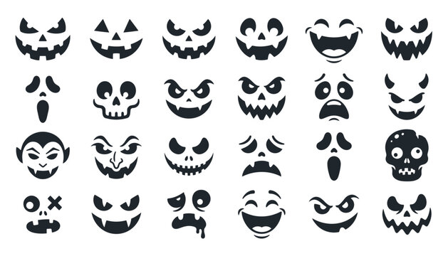 Set of halloween pumpkin faces, spooky jackolantern expressions, scary ghost and skull silhouettes for holiday decoration