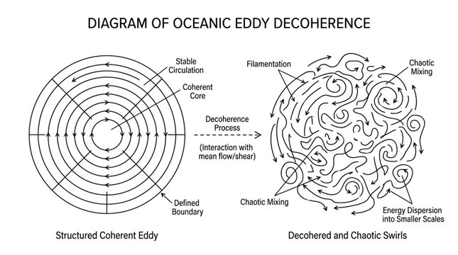 Diagram of oceanic eddy decoherence process showing a structured coherent eddy transforming into decohered and chaotic swirls, perfect for marine science education.