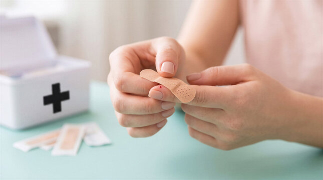 Woman applying adhesive bandage from first aid kit on her finger  with small puncture