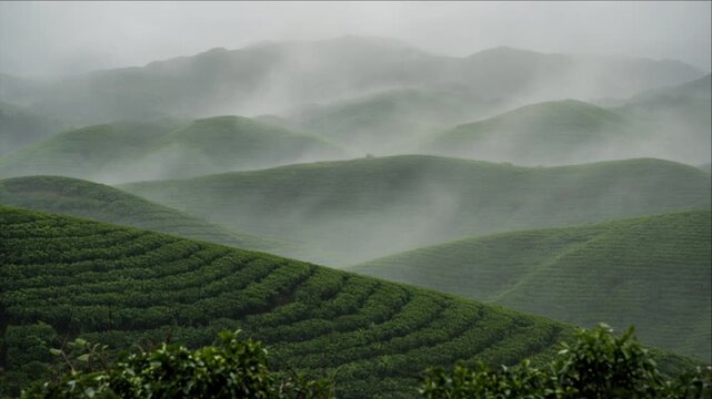 Cinematic rural field timelapse background featuring misty green hill landscape, layered plantation rows, cultivated crops, rolling fog, soft gray sky, tranquil agricultural scenery, serene natural