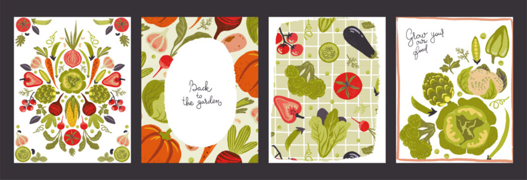Set of four cards or posters with hand drawn vector vegetable illustrations. Trendy aesthetic farmer market backgrounds. Fresh, vibrant, vegetarian organic templates