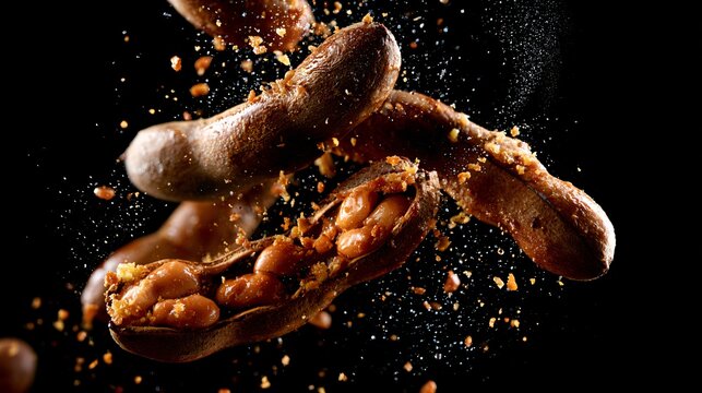 A dramatic action shot capturing tamarind fruit suspended in mid-air with exceptional frozen-motion detail
