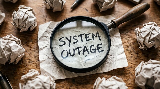 Magnifying glass examining crumpled paper with handwritten system outage message, symbolizing problem investigation and technical difficulties concept.