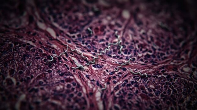 Treponema pallidum organism: Syphilis bacterium, spiral spirochete, tiny pathogen, infectious disease, tissue invasion, cellular damage, medical pathology, venereal transmission, biologic specimen.
