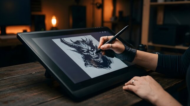 Artist drawing a digital monster sketch on a graphic tablet in studio