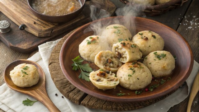 Delicious German kn del dumplings served on rustic wooden table with savory sauce