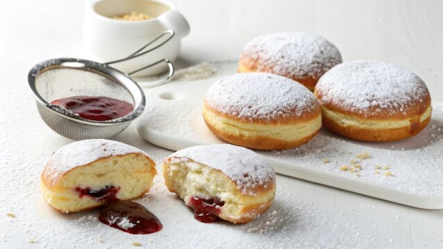 Freshly made German krapfen doughnuts with powdered sugar served on a flat surface