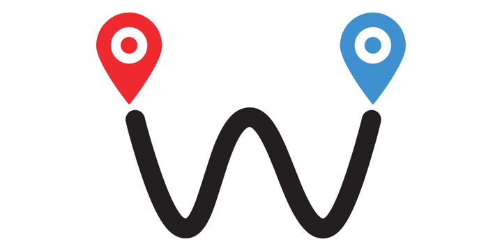 Wavy line path icon connecting two map location pins, red and blue navigation markers representing start and end points