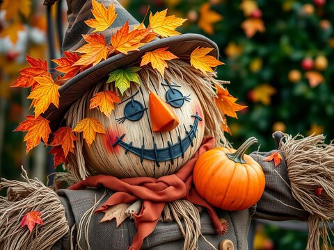 Autumn scarecrow holding pumpkin with colorful fall leaves