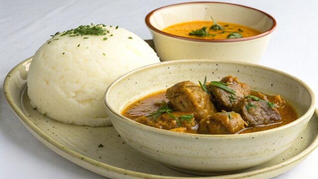 Delicious Ghanaian fufu served with savory light soup in a ceramic bowl on a white table