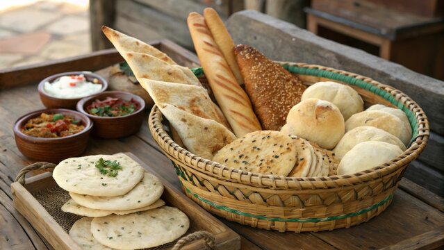 Naan, baguette, and pita assortment in a wicker basket on a rustic wooden table