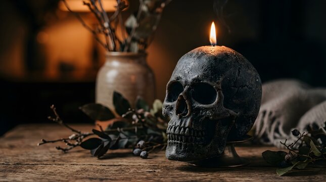 Burning black skull candle as a macabre centerpiece on a rustic table