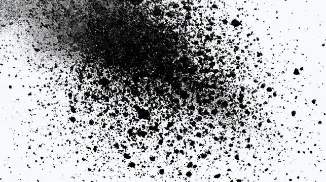 Black stone debris explosion and dark dust particles on white background, abstract 3D render design for dynamic motion graphics, overlay textures, explosive visual effects and creative compositing