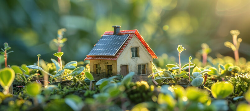 Miniature house model with solar panels on roof surrounded by lush green plants in garden setting during sunny day outdoors nature ecology concept architecture design eco friendly renewable energy 202