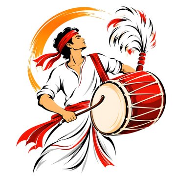 Traditional dhak drummer in ethnic attire performing music for Durga Puja festive banner design.
