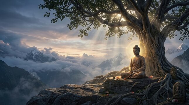 Spiritual awakening master: Buddha enlightenment, bodhi tree, mountain peak, lotus posture, divine aura, sacred meditation, peaceful state, stone altar, cloud canopy.