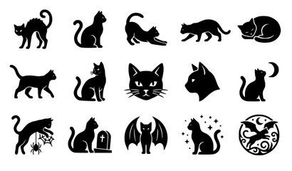 Fototapeta premium Spooky Halloween Cat Black Silhouette Moon Spider Tombstone Vector Icon Set