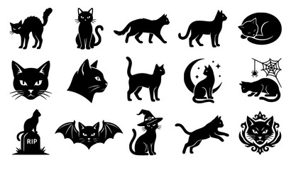 Fototapeta premium Halloween Black Cat Icon Set Fifteen Spooky Feline Silhouette Vector Designs