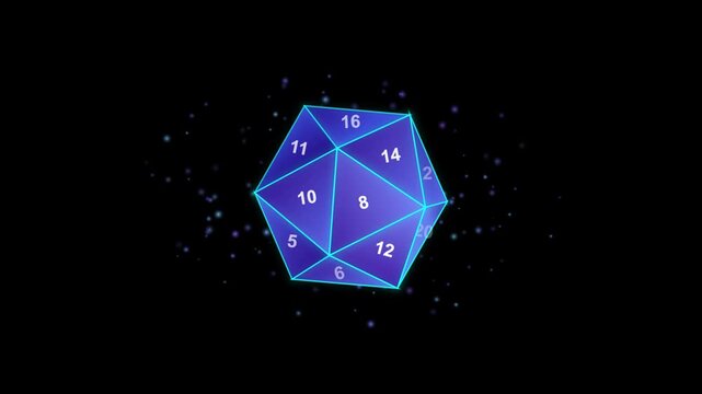 Futuristic glowing geometric polyhedron with numbered faces rotating in dark space 
