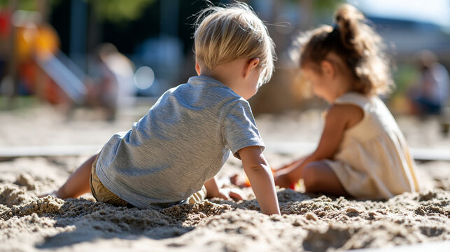 Rear view of two young children playing together in a bright sandbox faceless composition children sandbox play childhood outdoor play sand toys friendship playground togetherness