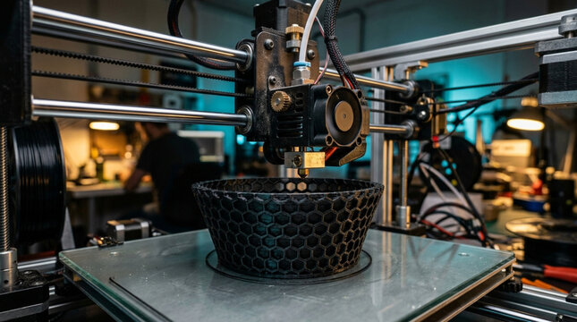 3D Printer Creating Hexagonal Object, Technology, Innovation, Manufacturing
