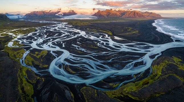 Stunning Aerial View of Braided River Delta in Iceland at Sunset.