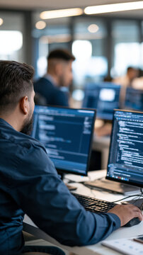 Rear view of software engineers working together on a project programming code on their computer screens in a bright modern company office faceless composition software engineers