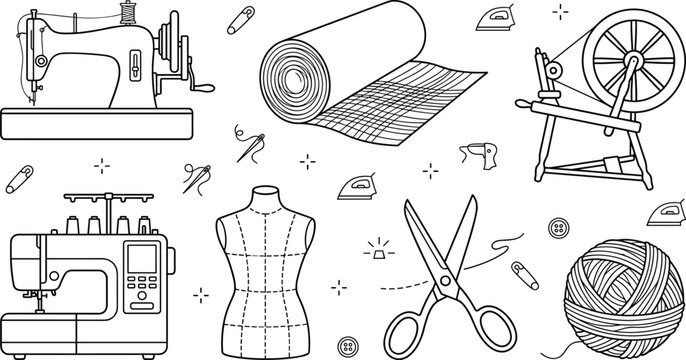 Sewing and Tailoring Line Art Icon Set with Modern Sewing Machine, Fabric Roll, Scissors, Mannequin, Spinning Wheel, and Dressmaking Tools for Craft Designs